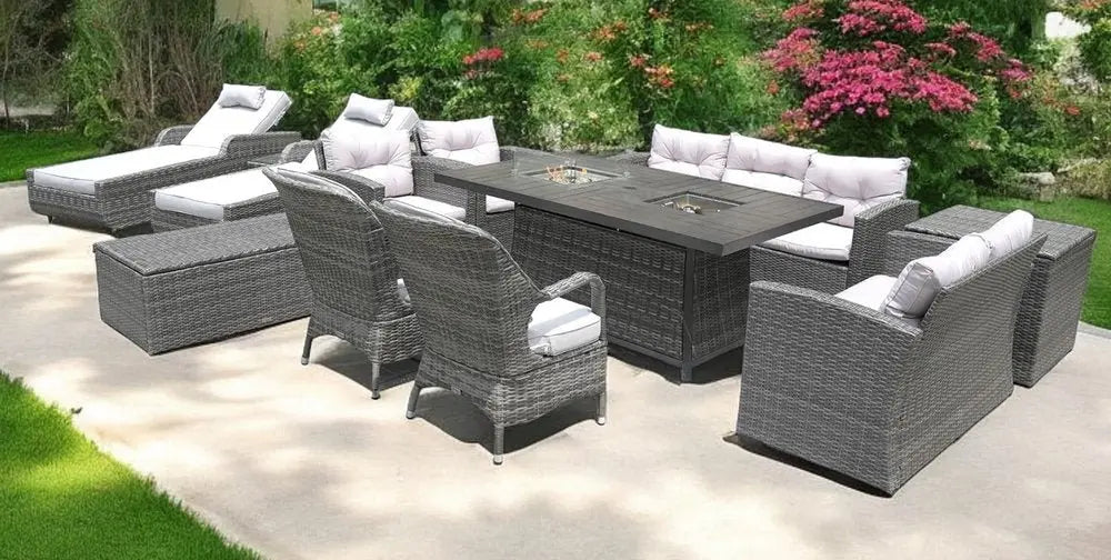 Twelve Piece Outdoor Gray Wicker Multiple Chairs Seating Group Fire Pit Included with White Cushions - NOBLE HOME INTERIORS