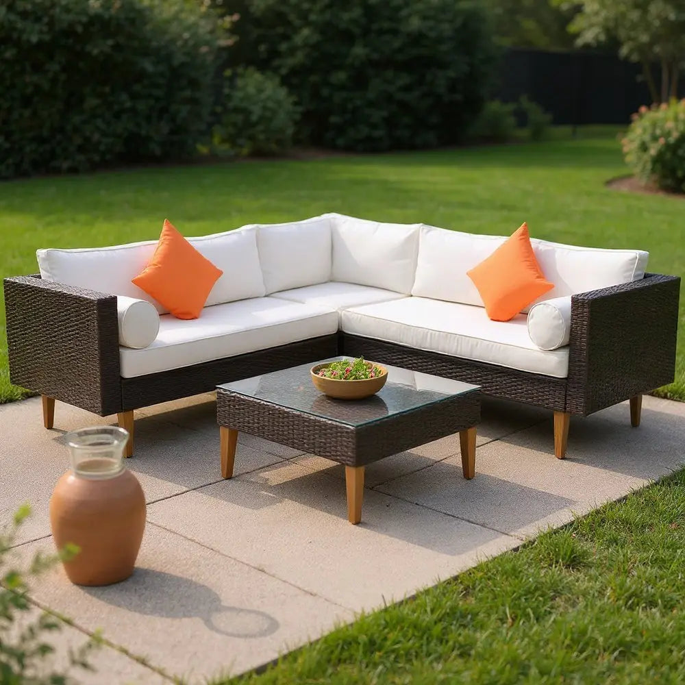 Two Piece Outdoor Beige Wicker Sectional Seating Group with Beige Cushions - NOBLE HOME INTERIORS