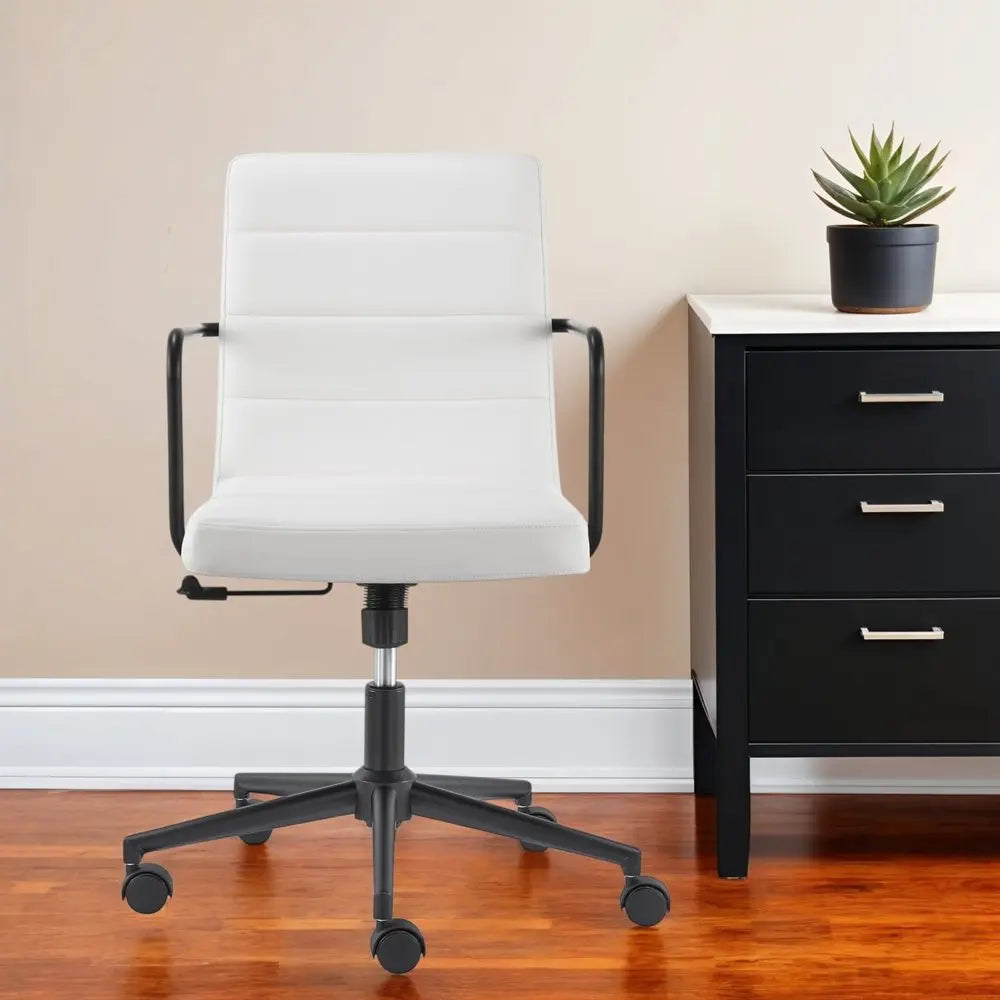 White and Black Steel and Faux Leather Adjustable Swivel Rolling Office Chair - NOBLE HOME INTERIORS