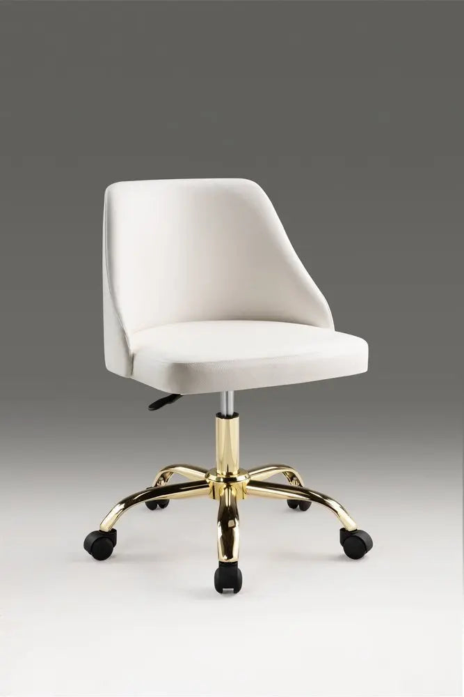 White and Gold Faux Leather Adjustable Height Swivel Rolling Office Chair - NOBLE HOME INTERIORS