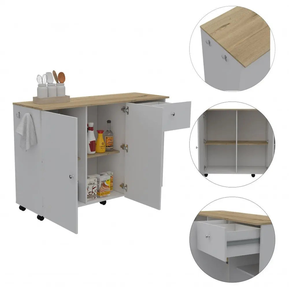 White and Natural 54" Rolling Kitchen Island With Storage - NOVA HOME FURNITURE