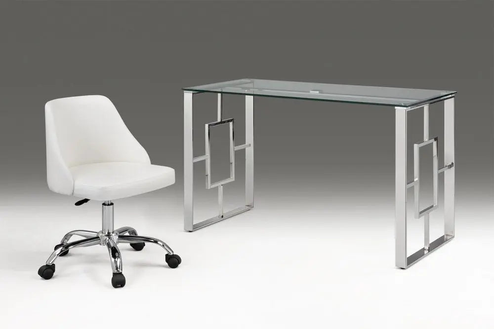 White and Silver Faux Leather Adjustable Height Swivel Rolling Office Chair - NOBLE HOME INTERIORS