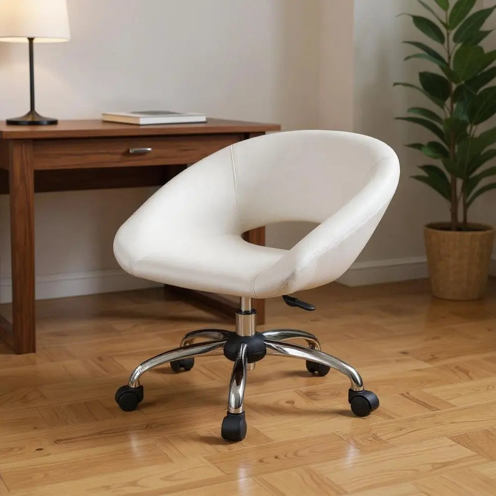 White and Silver Faux Leather Adjustable Height Swivel Rolling Office Chair - NOBLE HOME INTERIORS