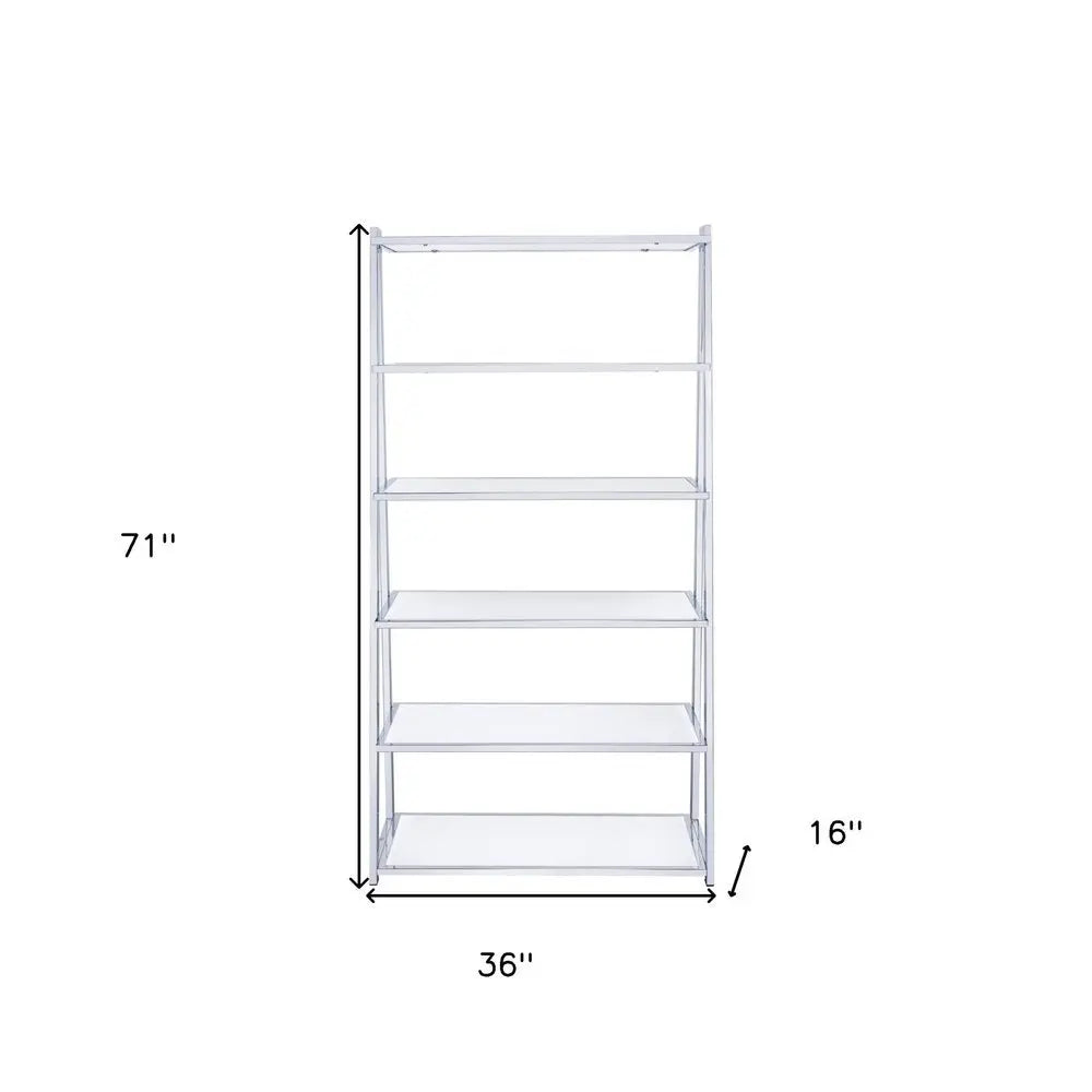 White And Silver Metal and Glass Five Tier Ladder Bookcase - NOBLE HOME INTERIORS
