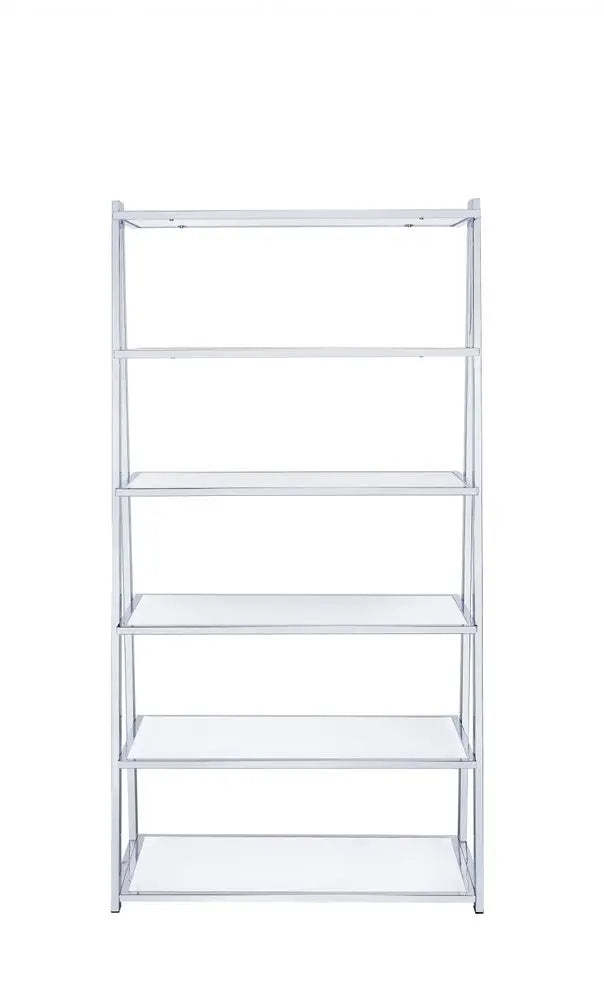 White And Silver Metal and Glass Five Tier Ladder Bookcase - NOBLE HOME INTERIORS
