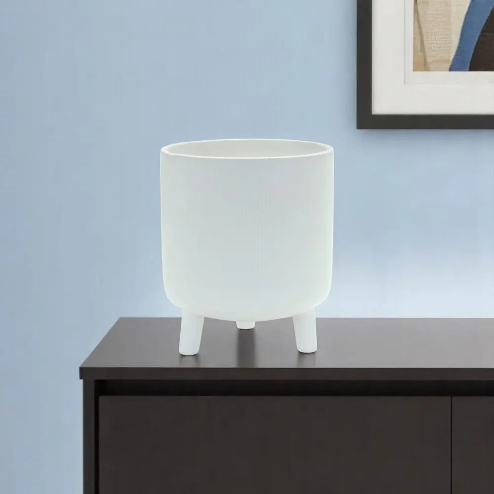 White Ceramic 7 Ounce Striped Footed Pot Planter - NOBLE HOME INTERIORS