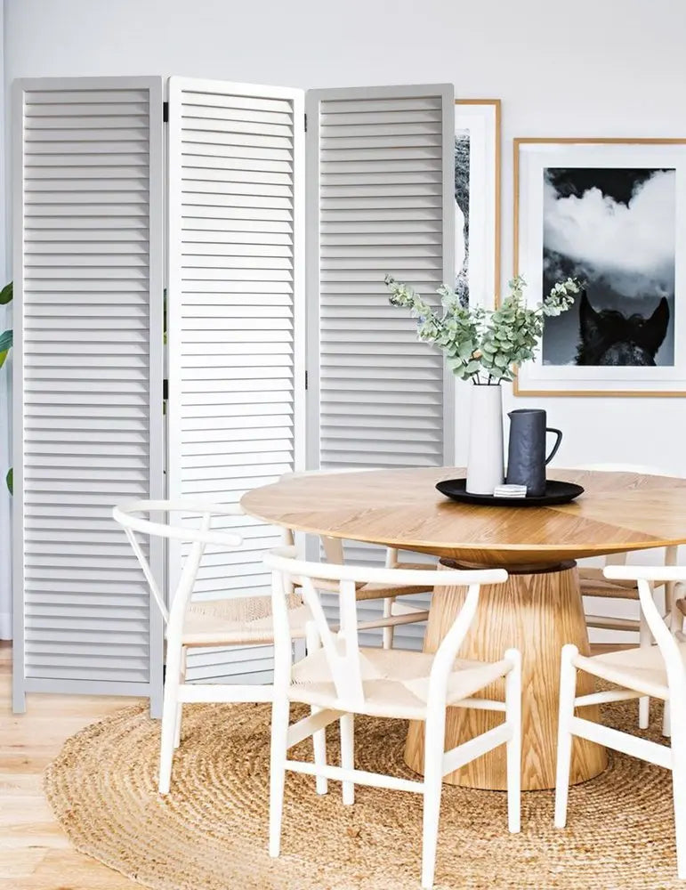 White Louvered Three Panel Room Divider Screen - NOBLE HOME INTERIORS