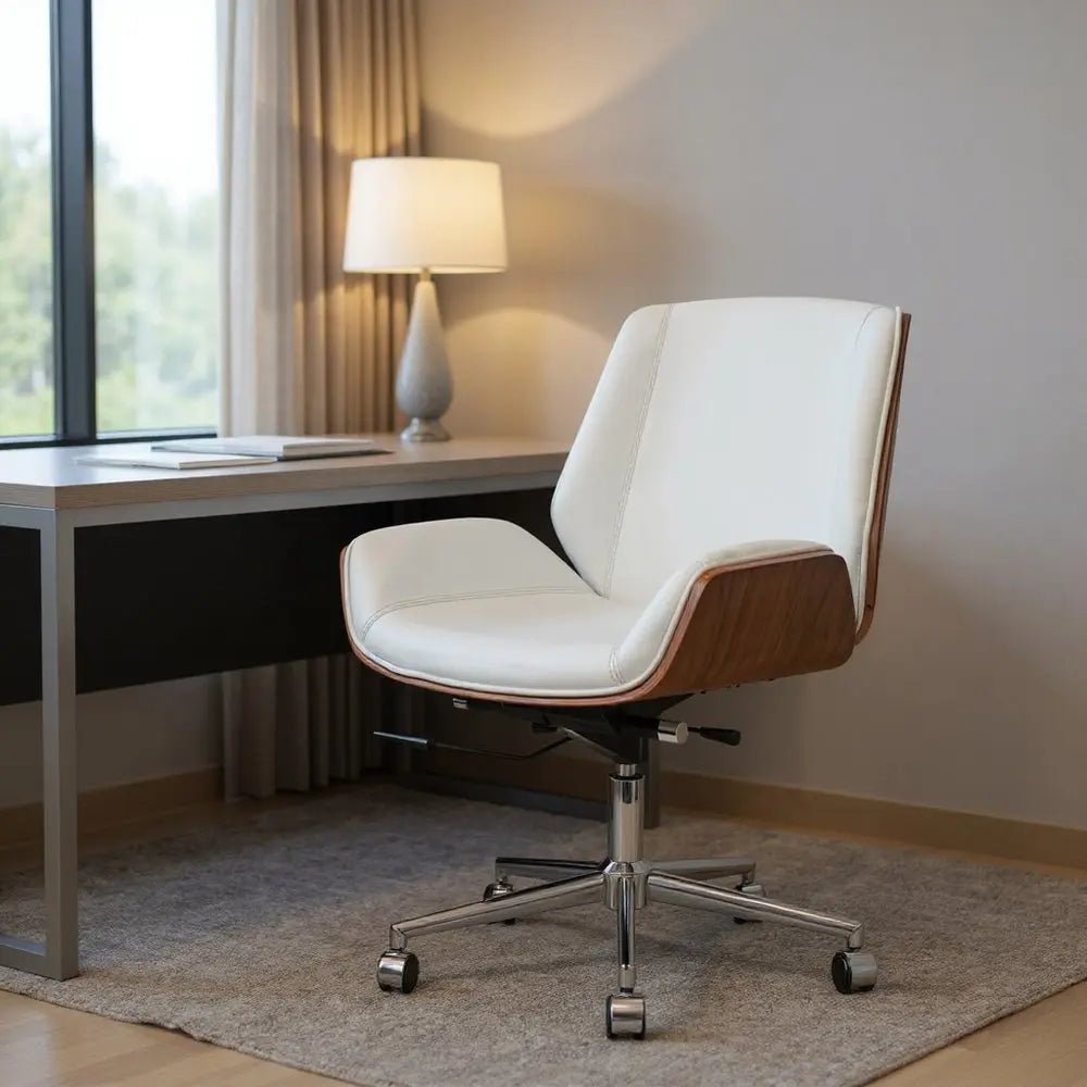 White Silver and Walnut Adjustable Height Swivel Rolling Conference Office Chair - NOBLE HOME INTERIORS