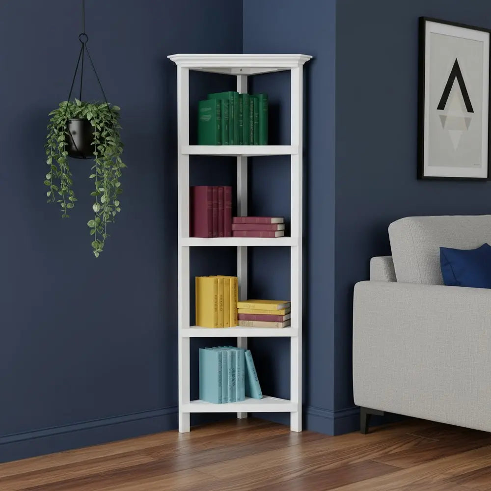 White Solid Wood Corner Bookcase - NOBLE HOME INTERIORS